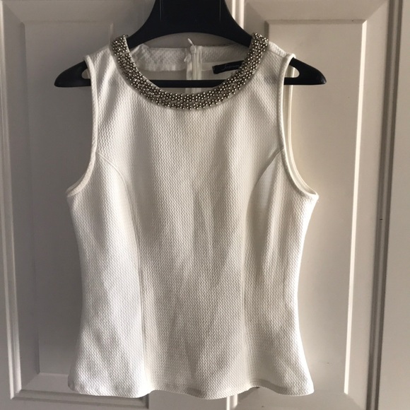 White Sleeveless Shirt with Jeweled Neckline - Picture 4 of 6